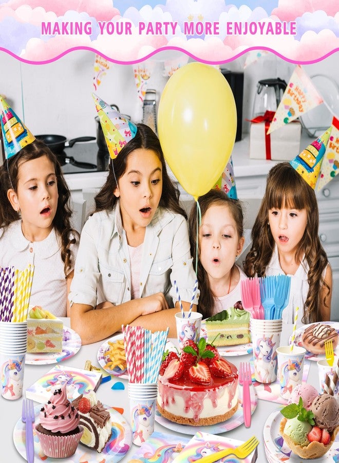 طقم أدوات مائدة مكون من 300 قطعة بتصميم يونيكورن، يشمل أطباقًا ومناديل وأكوابًا وماصات وشوكًا، ولوازم حفلات يونيكورن، وزينة أعياد ميلاد، يكفي لـ 50 ضيفًا. - Image 5